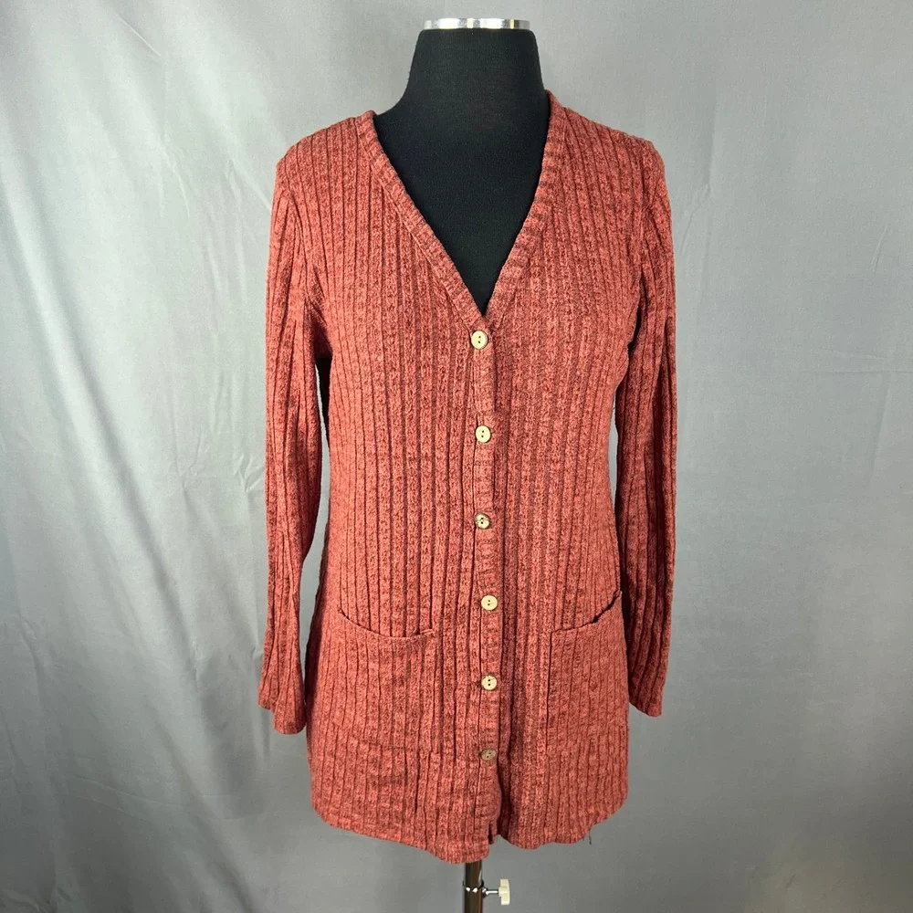 Double Take Cardigan Sweater Womens S Brick Red Ribbed Texture Dual Patch Pocket